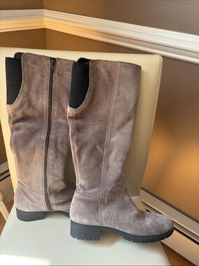 Tall Suede Heeled Boots in Taupe - Women's Stylish Knee-High Boot